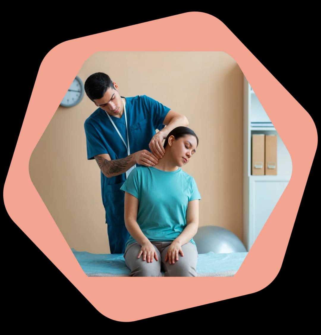 Physiotherapist assessing a desk worker's neck posture during a home visit